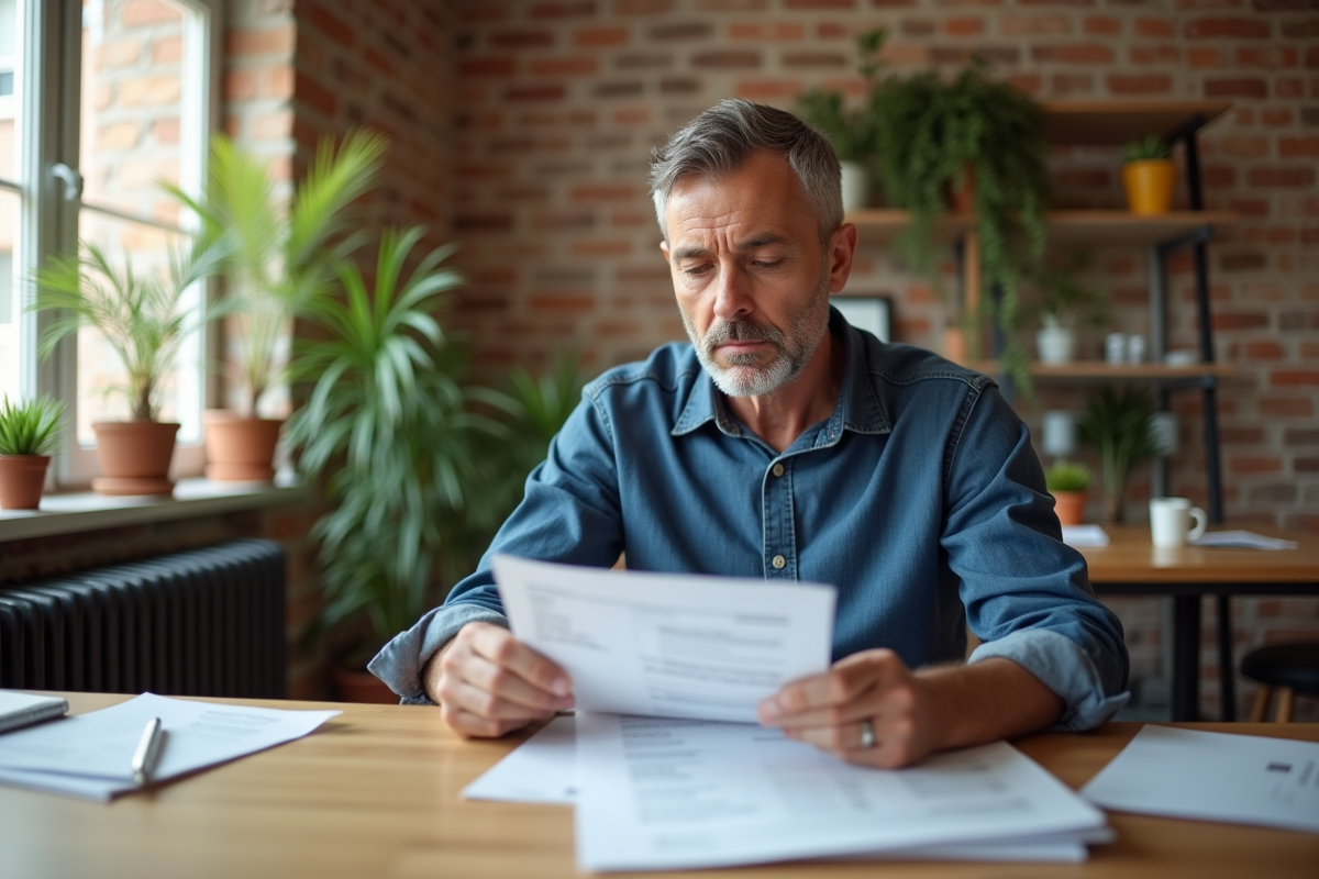 Homme d'âge moyen examinant un document fiscal dans un intérieur lumineux
