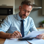 Homme d'âge moyen vérifiant ses documents de prêt à la maison