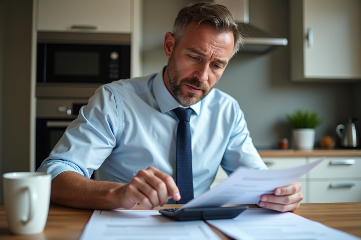 Homme d'âge moyen vérifiant ses documents de prêt à la maison