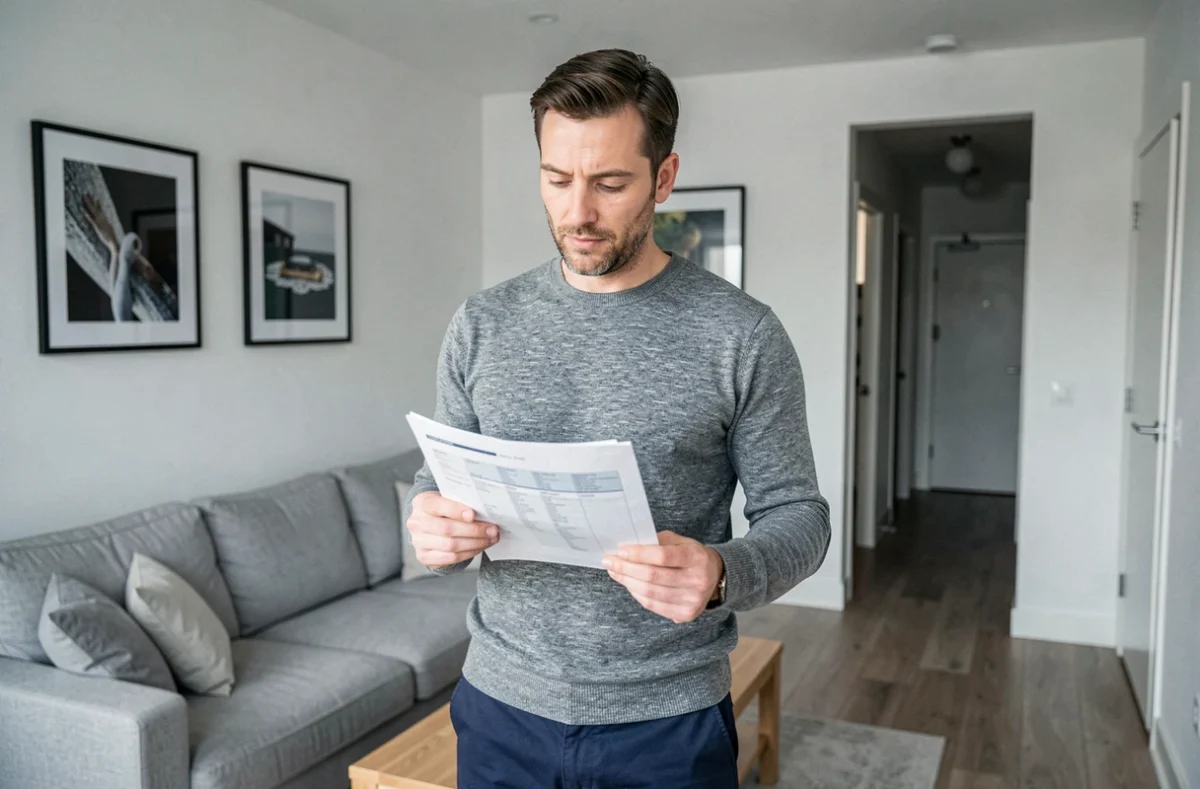 Homme locataire examinant les documents d'une assurance habitation dans le salon de son appartement loué