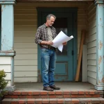 Homme d'âge moyen examinant des plans devant une maison ancienne