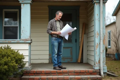 Homme d'âge moyen examinant des plans devant une maison ancienne