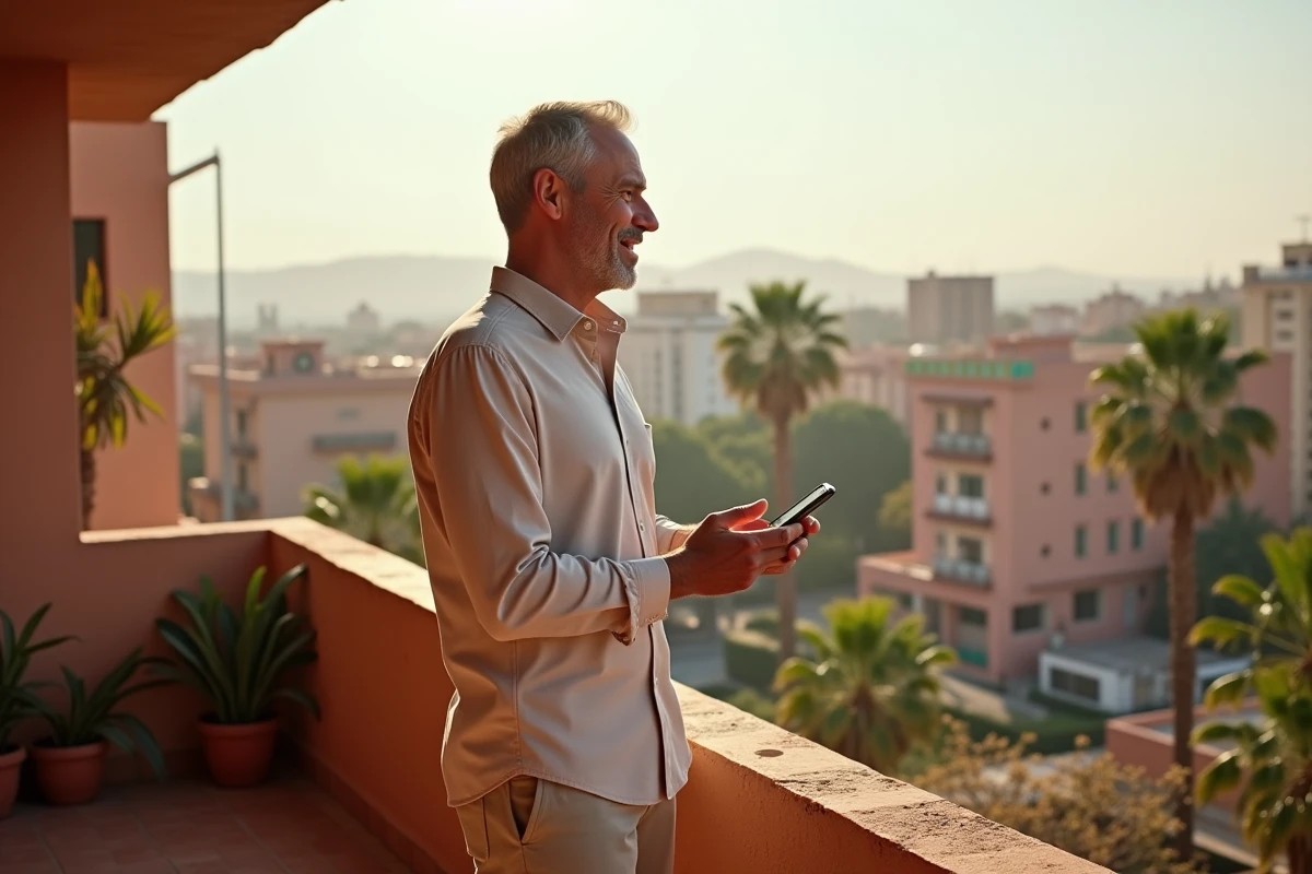 Homme mature sur le balcon à Marrakech Guéliz
