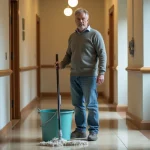 Homme d'âge moyen nettoyant un couloir résidentiel