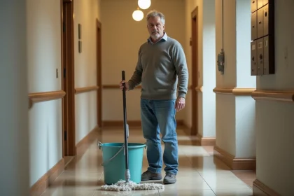 Homme d'âge moyen nettoyant un couloir résidentiel
