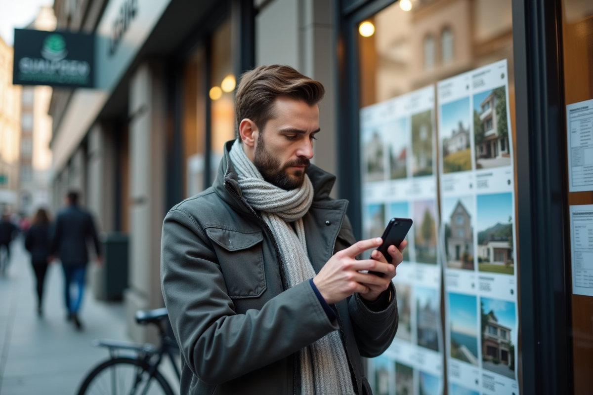 Jeune homme photographiant une annonce immobiliere dans la rue