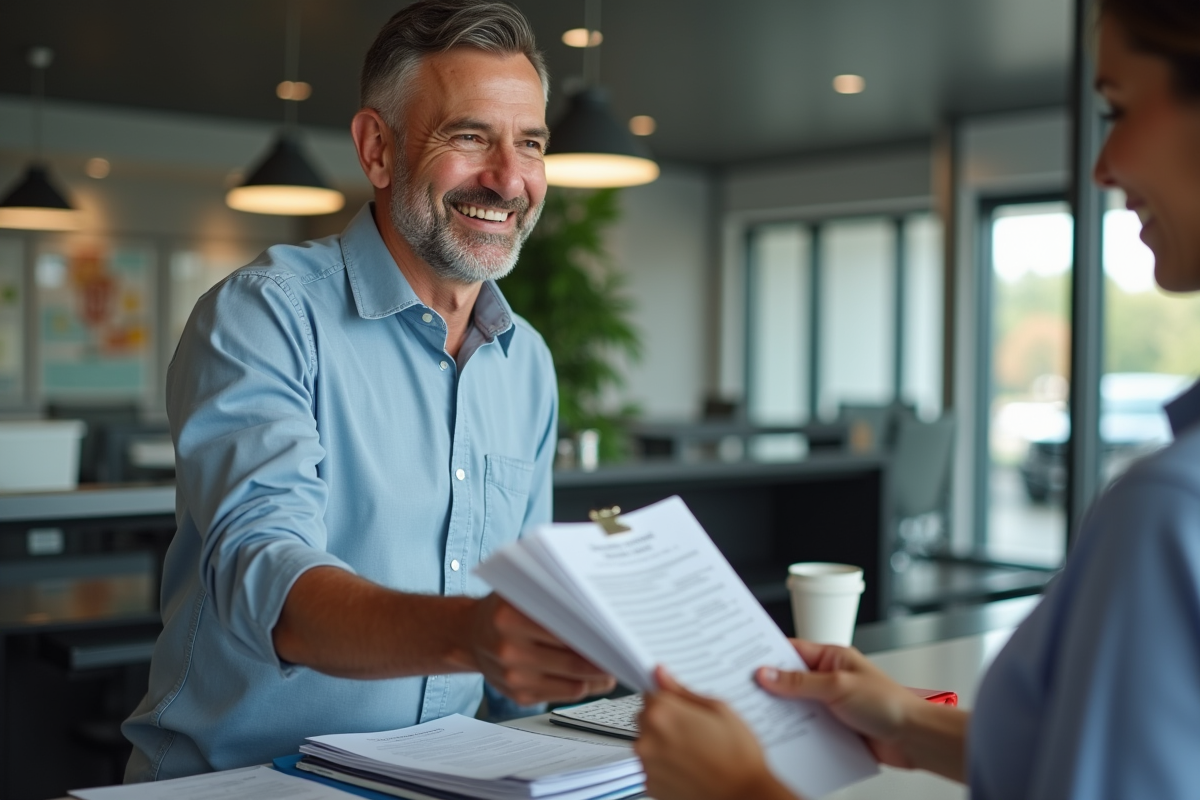 Homme d affaires remettant des papiers à la reception