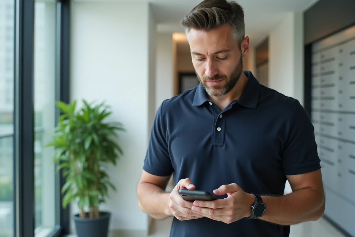 Homme vérifiant l'avancement de sa demande de logement social sur son smartphone dans le hall d'un immeuble résidentiel