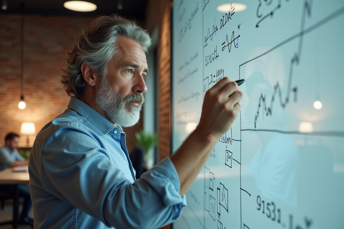 Homme dessinant des formules financières sur un tableau blanc