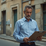 Homme d'âge moyen devant immeuble urbain français
