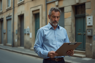 Homme d'âge moyen devant immeuble urbain français