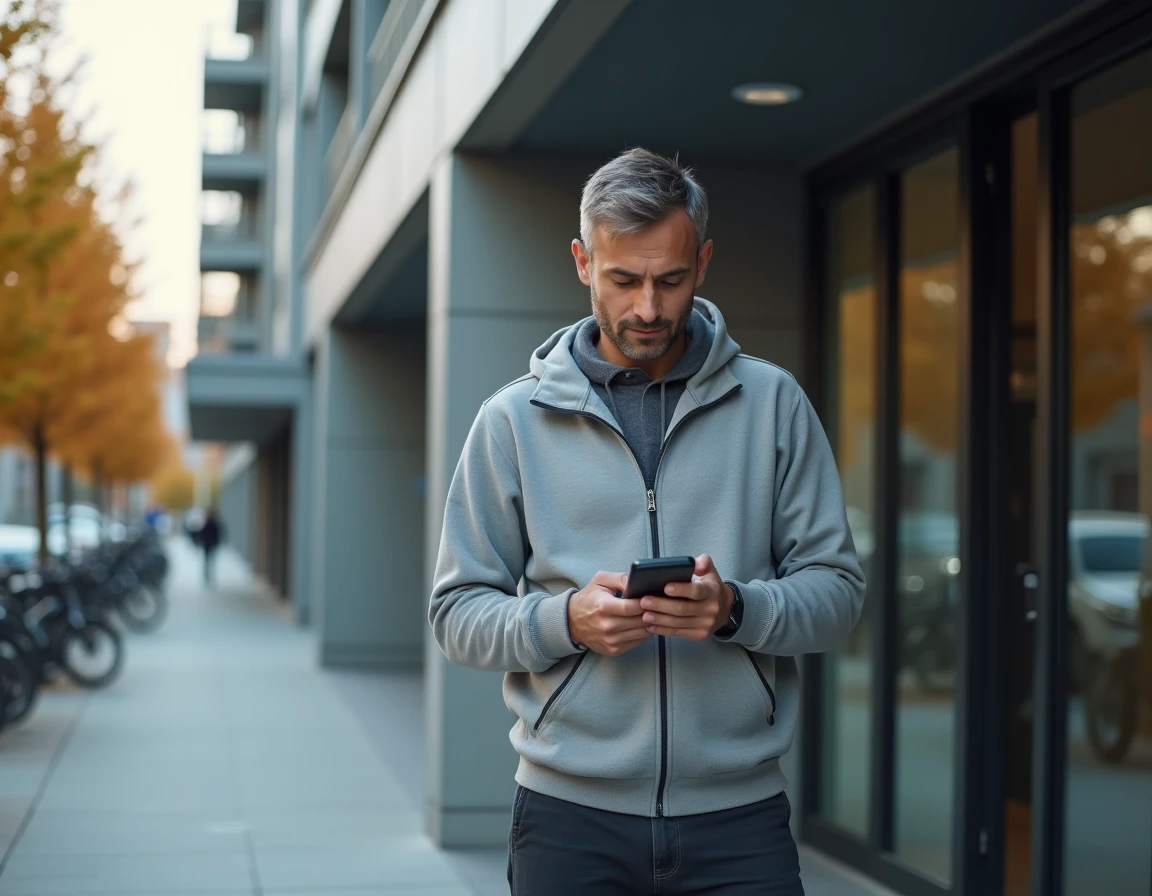 Homme devant un immeuble résidentiel consultant son smartphone pour vérifier le statut de son dossier de demande de logement LOC annonce