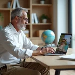 Homme d'âge moyen en visioconférence avec vue sur villa Koh Samui