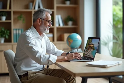 Homme d'âge moyen en visioconférence avec vue sur villa Koh Samui