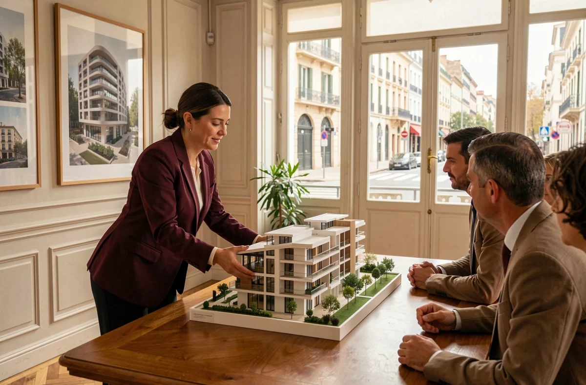 Agente Human Immobilier Antigone présentant une maquette architecturale à des clients dans un bureau élégant inspiré du quartier Antigone de Montpellier