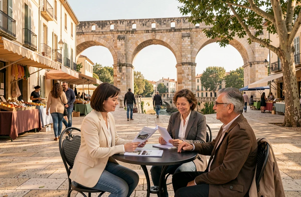 Conseillère Human Immobilier Arceaux en réunion avec des clients en terrasse avec le célèbre aqueduc des Arceaux de Montpellier en arrière-plan