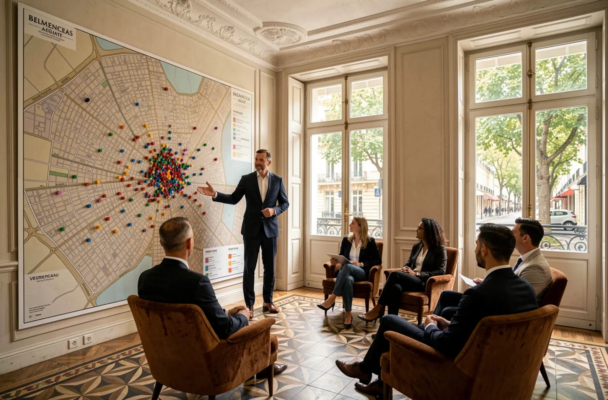 Agent Human Immobilier Clémenceau présentant une carte des quartiers de Montpellier à des clients dans un bureau classique au décor haussmannien