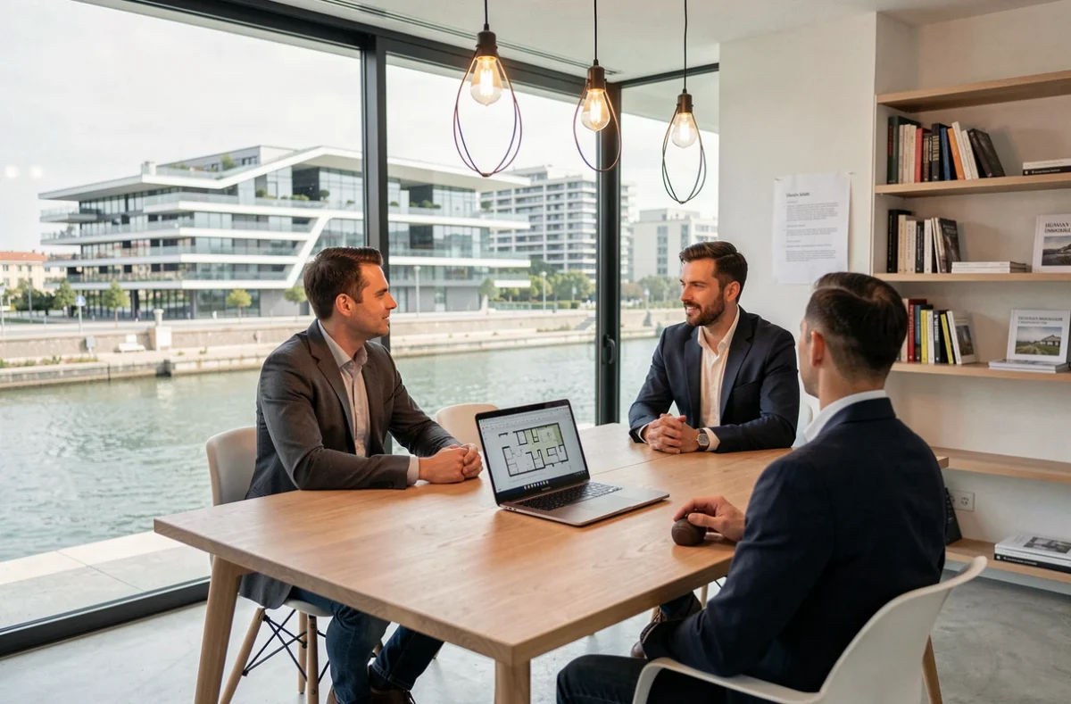 Conseiller immobilier Human Immobilier Port Marianne en consultation avec des clients dans un bureau moderne face au quartier contemporain de Montpellier