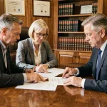 Couple discutant avec un notaire des inconvénients du démembrement de propriété autour de documents légaux