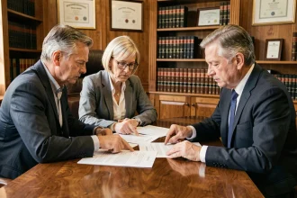 Couple discutant avec un notaire des inconvénients du démembrement de propriété autour de documents légaux