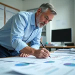 Ingénieur en bureau d'études analysant les données de l'indice BT47 sur des documents techniques imprimés