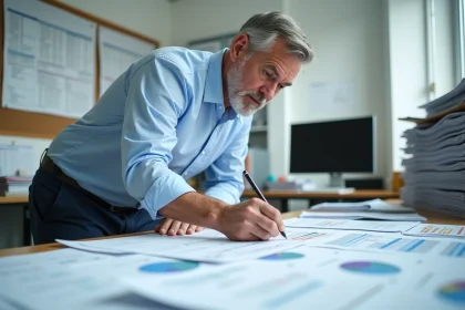 Ingénieur en bureau d'études analysant les données de l'indice BT47 sur des documents techniques imprimés