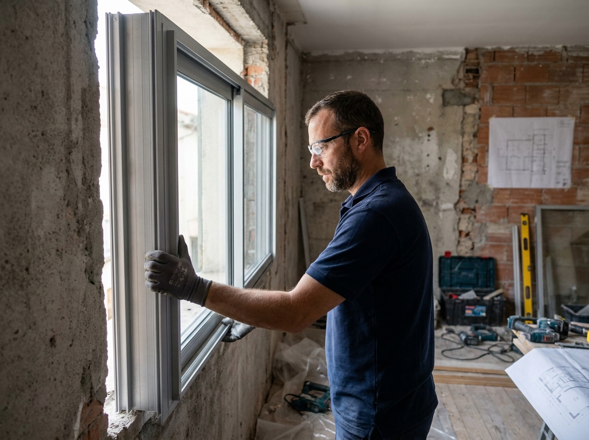 Poseur professionnel en train d'installer une fenêtre aluminium dans un appartement en rénovation à Nîmes