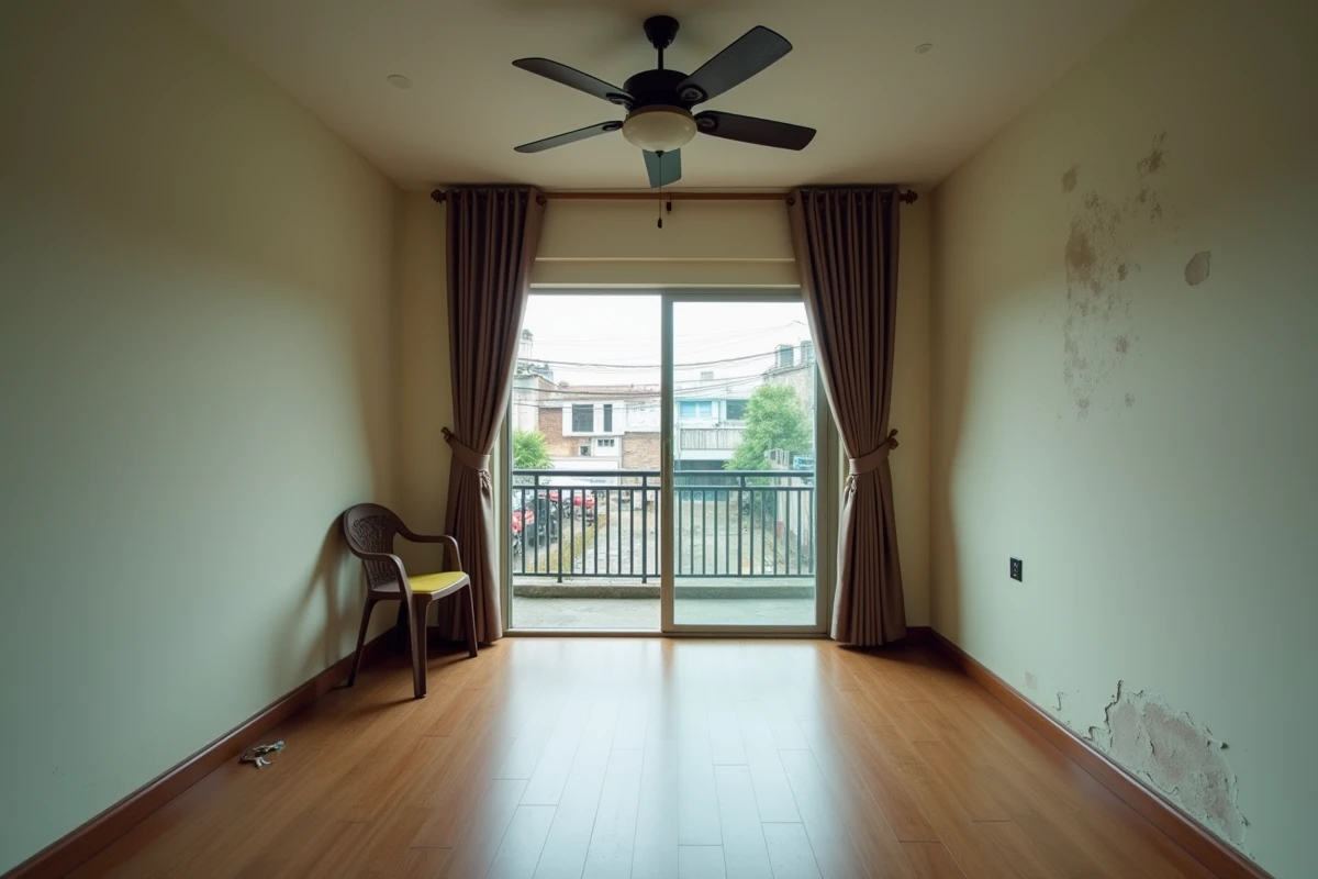 Intérieur d'un appartement à louer en Thaïlande montrant l'état réel du logement avec des imperfections visibles