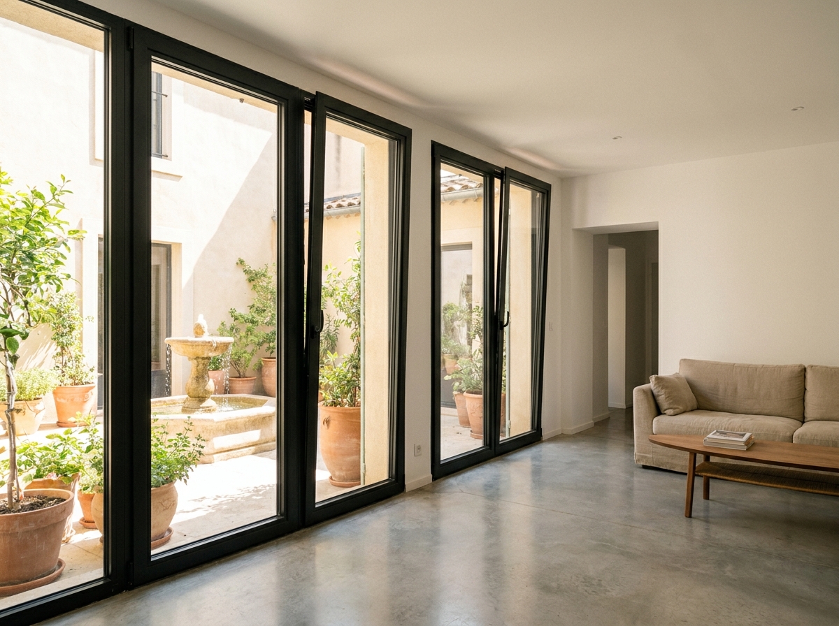 Intérieur lumineux avec fenêtres aluminium à galandage donnant sur une cour intérieure méditerranéenne à Nîmes