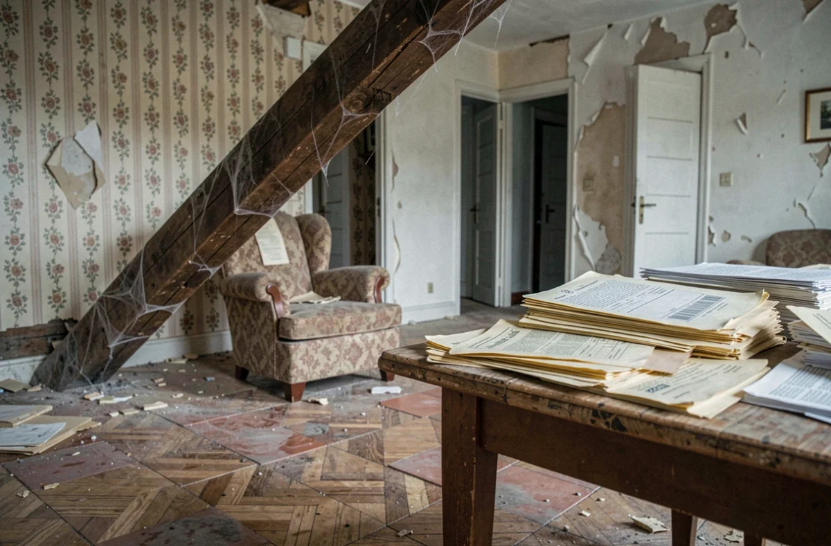 Intérieur délabré d'une maison abandonnée avec papiers administratifs éparpillés et plafond effondré
