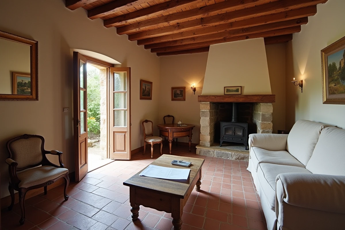 Intérieur d'une petite maison à louer dans le Gers avec poutres apparentes, sol en tomettes et annonce de location posée sur la table