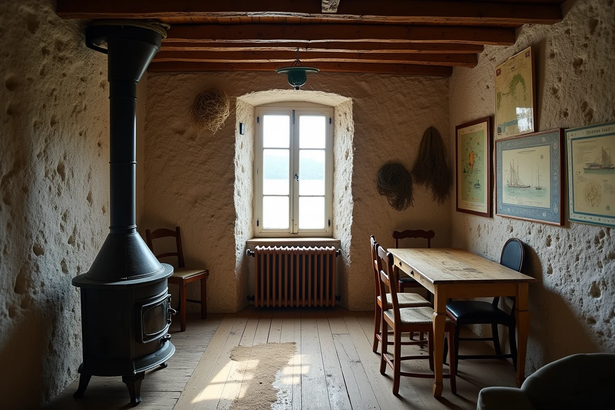 Intérieur authentique d'une maison de pêcheur bretonne avec poutres apparentes et mur en pierre brute