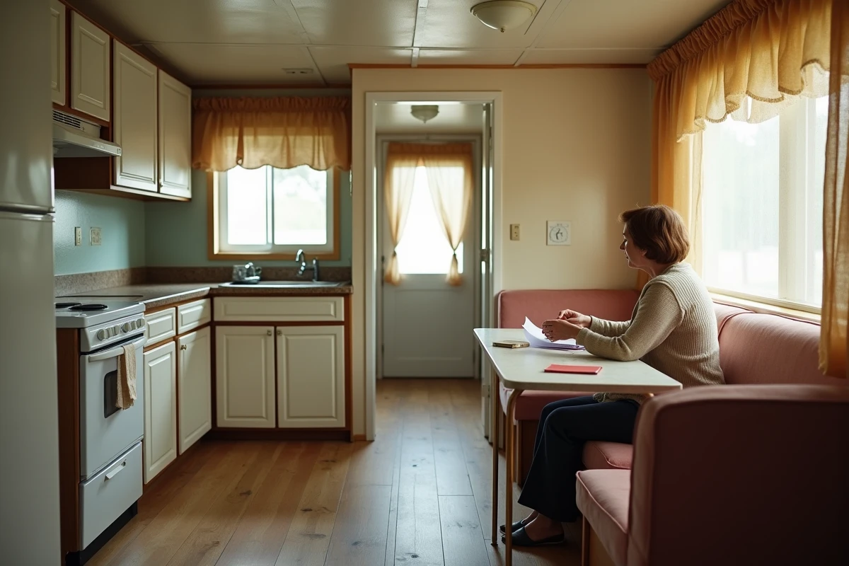 Intérieur vieillissant d'un mobil home de plus de 20 ans avec mobilier usé lors d'une évaluation avant vente