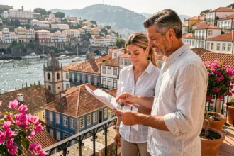 Couple étudiant des annonces immobilières sur une terrasse avec vue sur les toits historiques de Porto et le fleuve Douro
