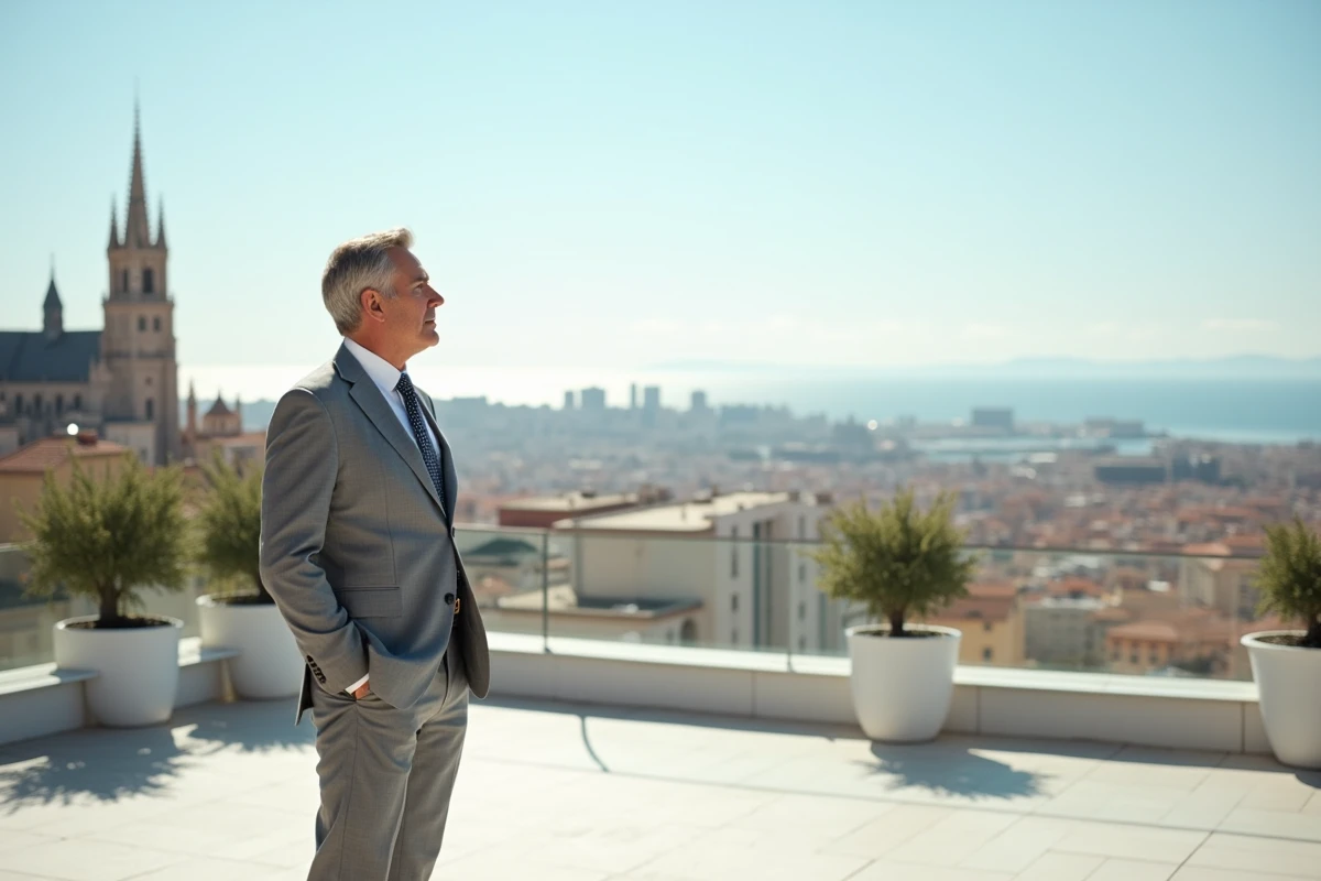 Investisseur immobilier sur une terrasse avec vue panoramique sur les quartiers chics et le Vieux-Port de Marseille