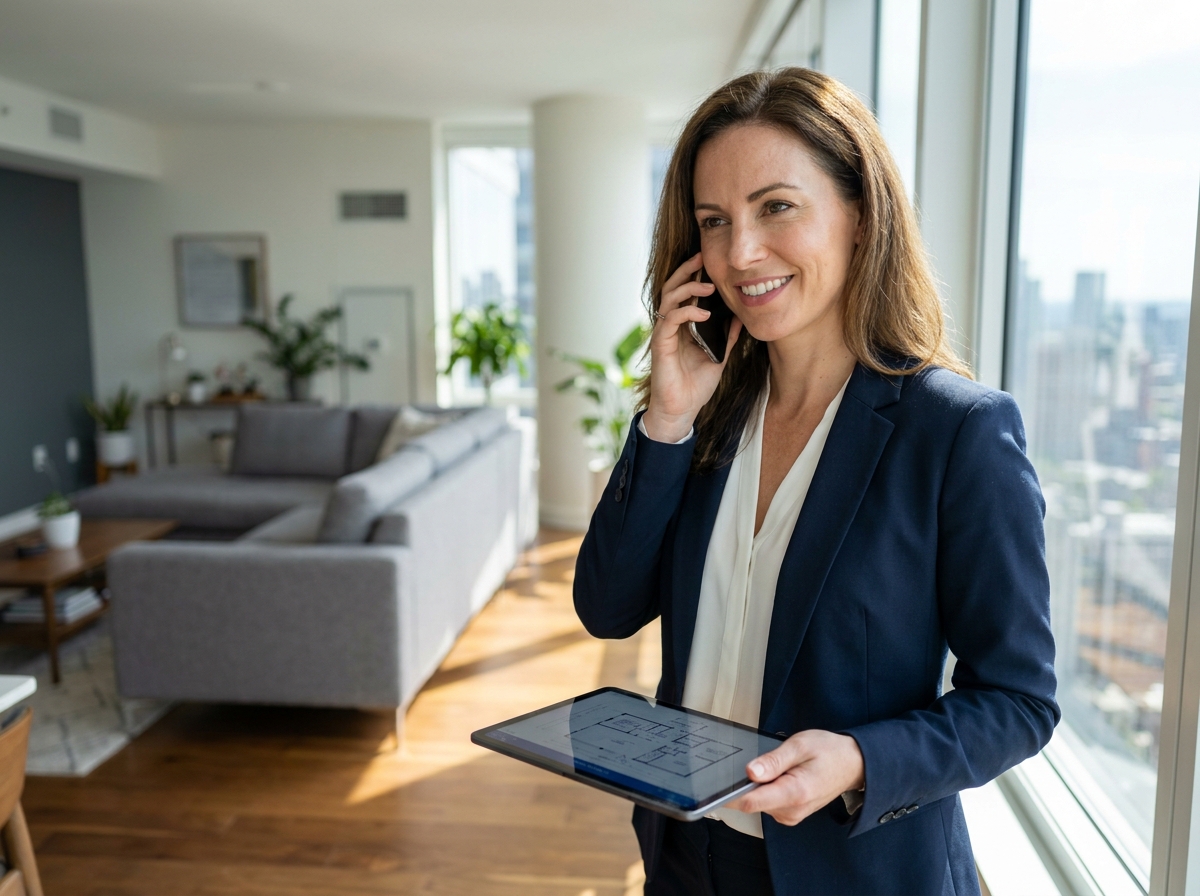 Investisseuse immobilière recherchant de nouveaux biens grâce au temps libéré par la délégation comptable