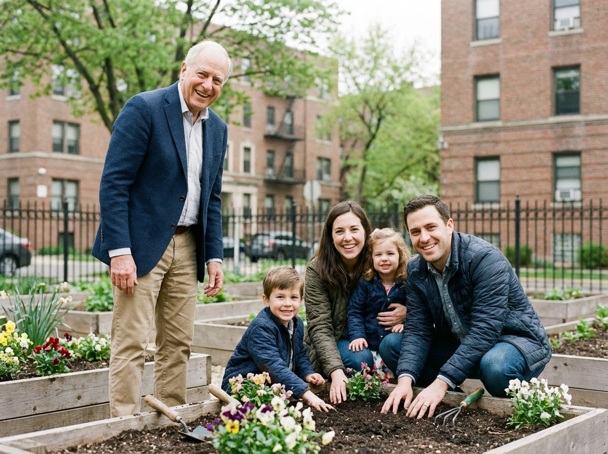 Famille plantant des fleurs dans un jardin communautaire