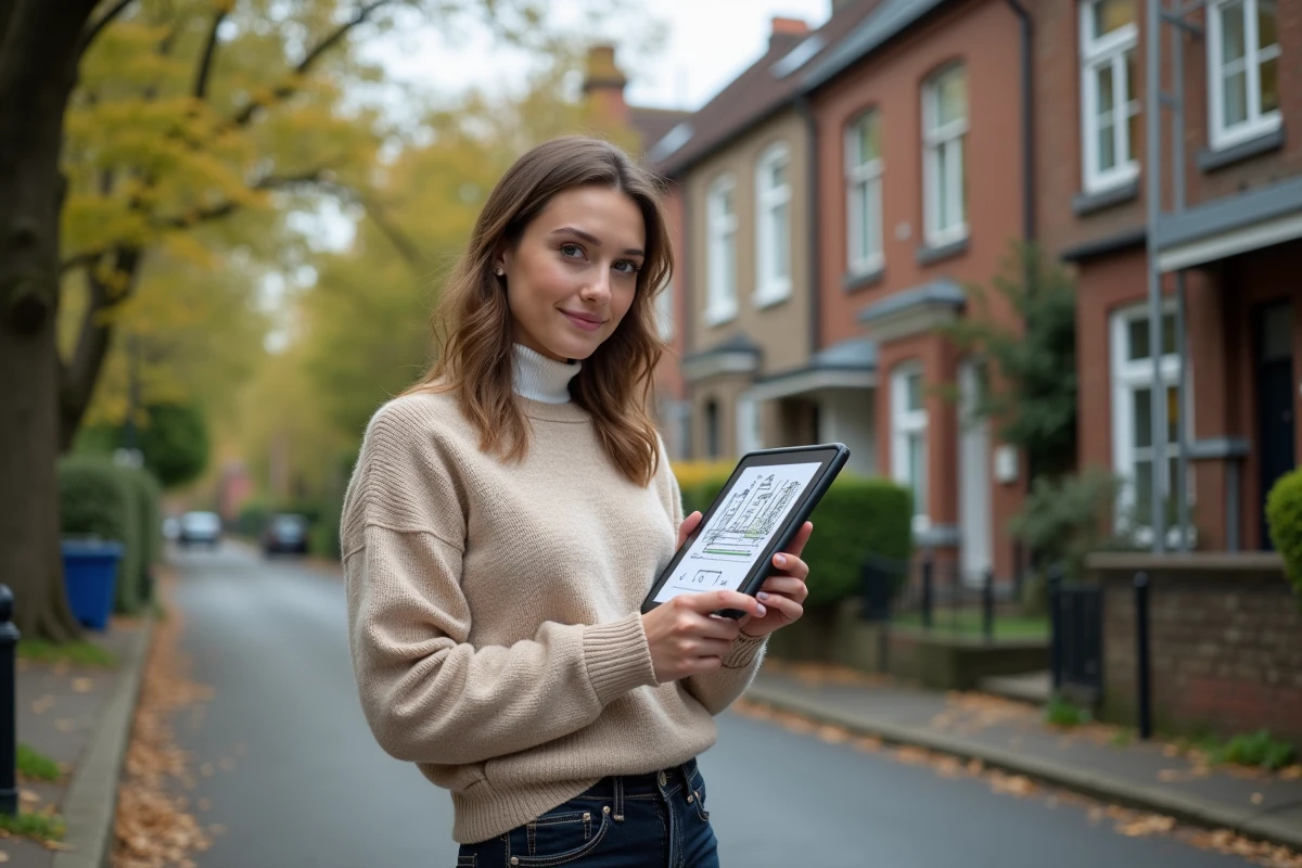 Jeune architecte femme sur une rue résidentielle