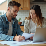 Jeune couple discutant achat maison dans cuisine lumineuse
