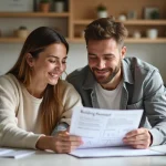 Jeune couple examine documents de permis de construire à la maison