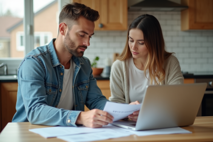 Jeune couple discutant achat maison dans cuisine lumineuse