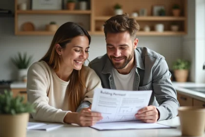 Jeune couple examine documents de permis de construire à la maison