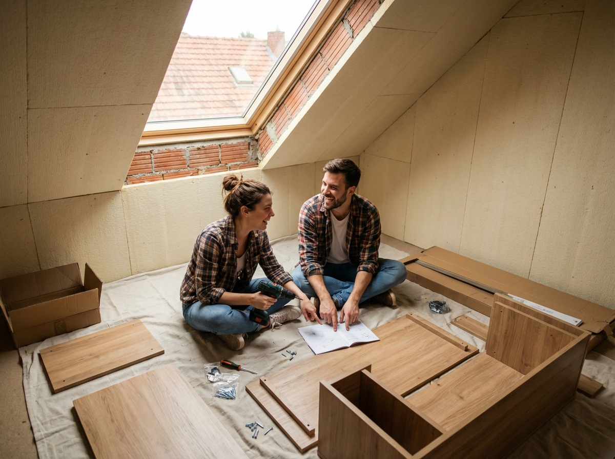 Jeune couple assemble un bureau dans un grenier