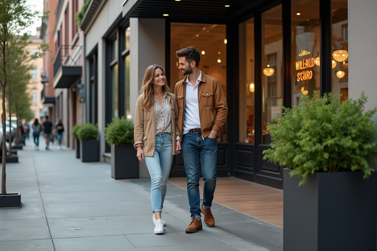 Jeune couple entrant dans un immeuble mixte en ville