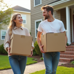 Jeune couple riant en portant des cartons devant une maison