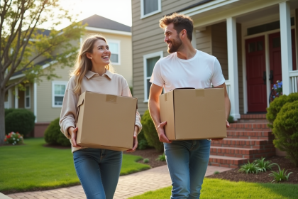 Jeune couple riant en portant des cartons devant une maison