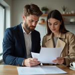Jeune couple en train de revoir des documents de prêt immobilier