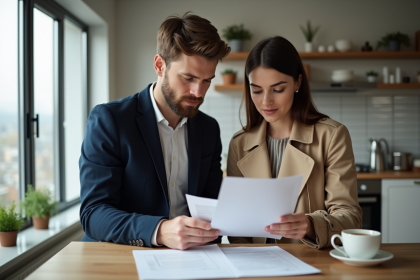 Jeune couple en train de revoir des documents de prêt immobilier