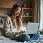 Jeune étudiante souriante dans son studio étudiant