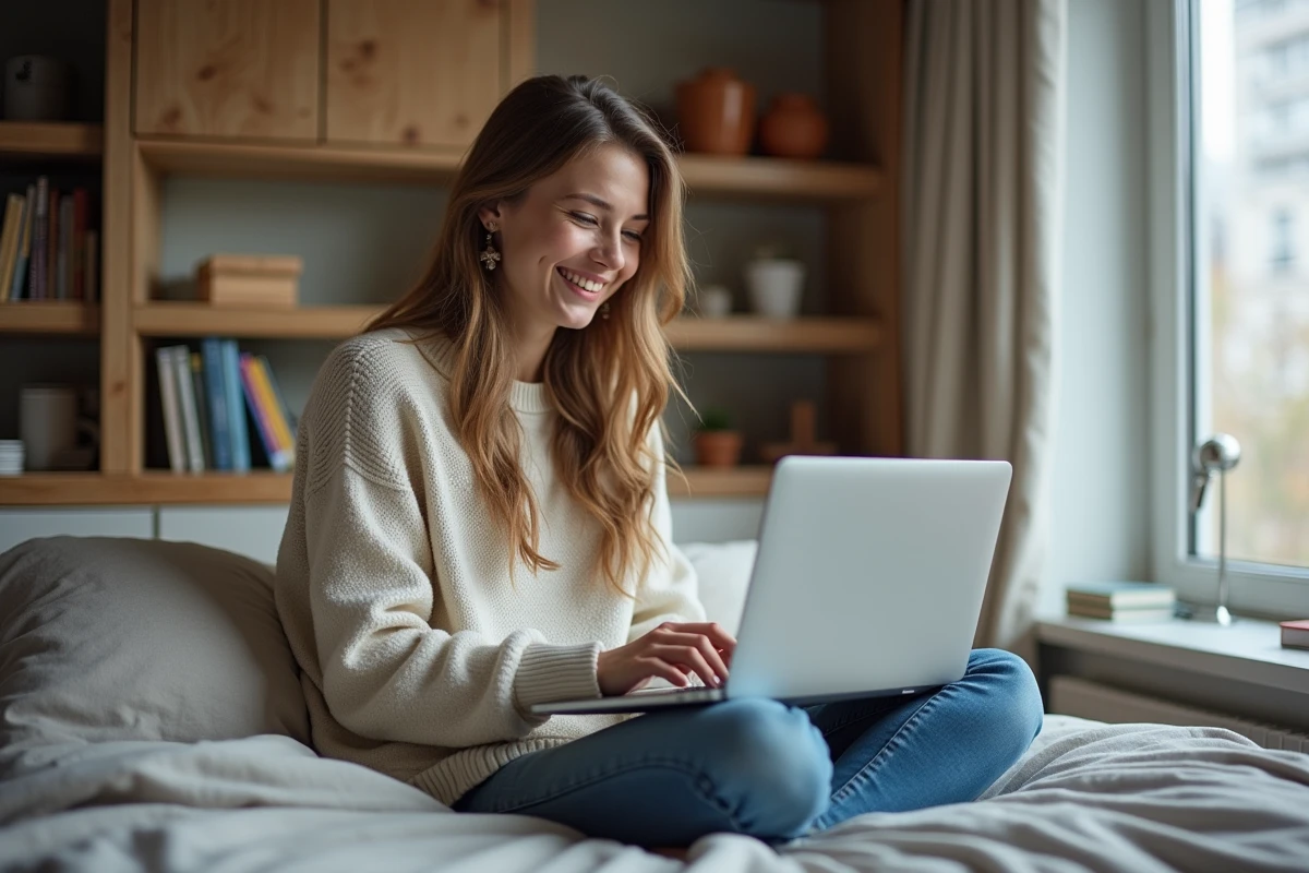 Jeune étudiante souriante dans son studio étudiant